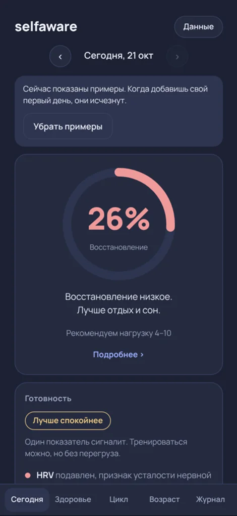 Экран «Сегодня» в selfaware: восстановление 26%, примеры данных