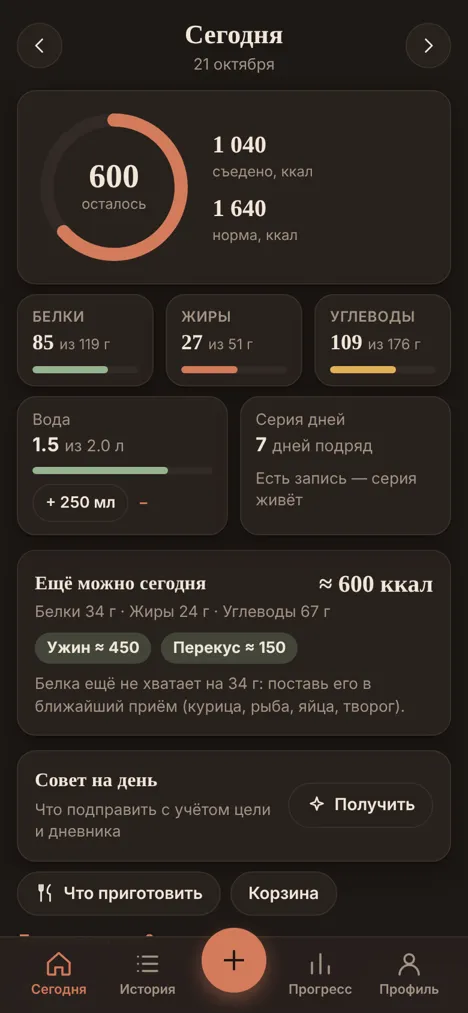 Экран Tarelka: Сегодня (пример)