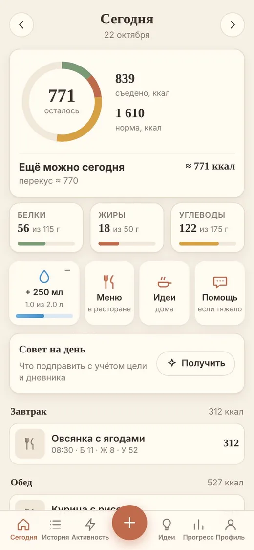 Tarelka: экран «Сегодня»